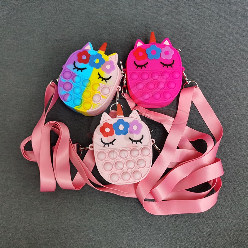 Túi Silicon đựng tiền xu đeo vai hình kỳ lân tích hợp đồ chơi ấn bong bóng vui nhộn dành cho trẻ em