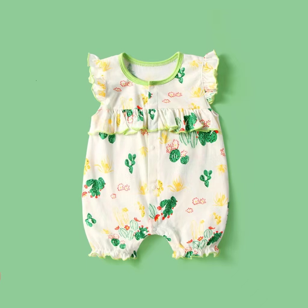 Bộ Áo Liền Quần Cotton Không Tay In Họa Tiết Dễ Thương Cho Bé Trai &amp; Gái 0-24 Tháng Tuổi