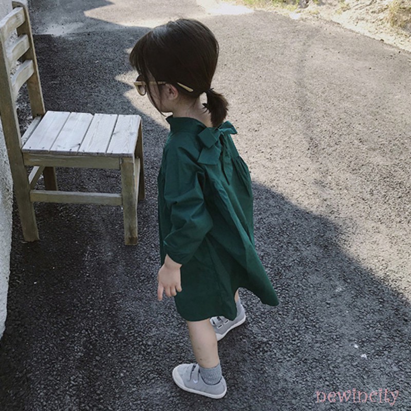 Đầm Bé Gái Tay Dài Màu Trơn