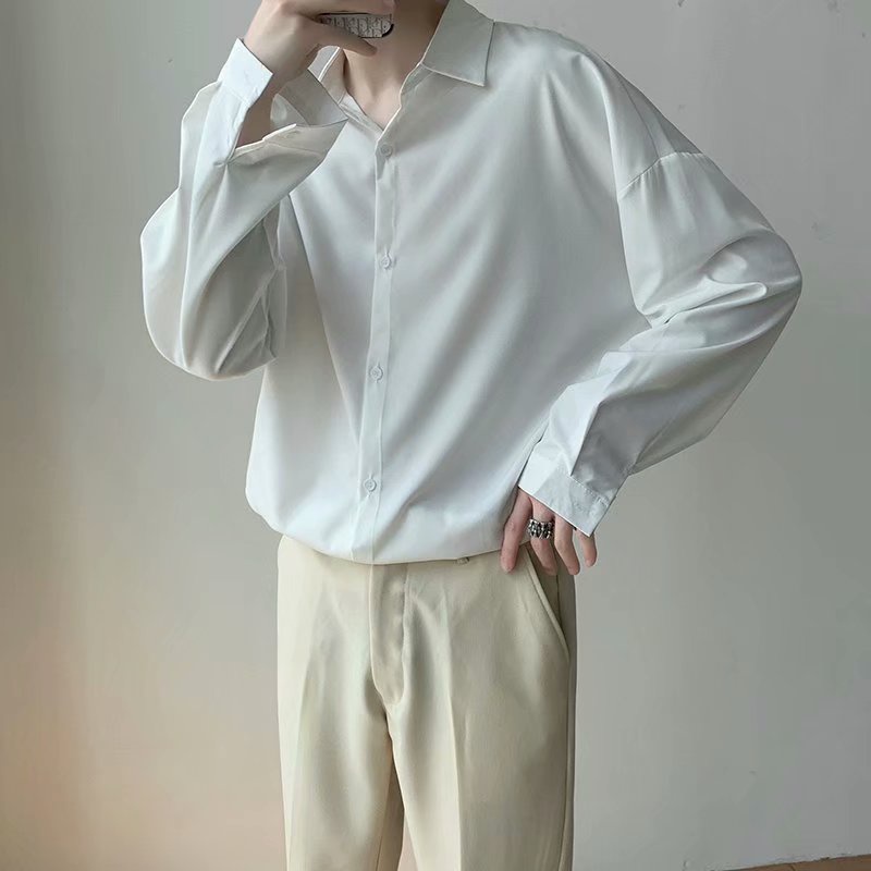 Áo Sơ Mi Trơn Tay Dài Dáng Rộng Thoáng Khí Phong Cách Hàn Quốc Thời Trang Cho Nam