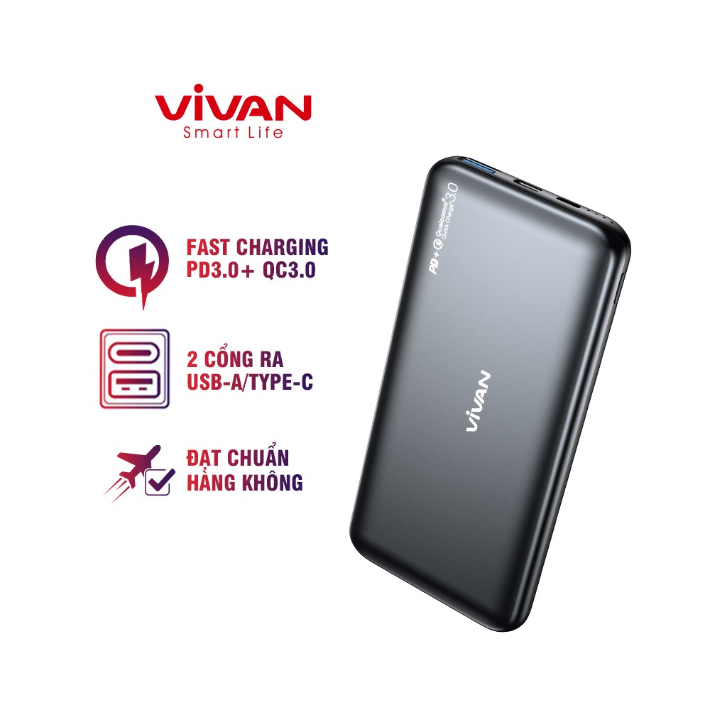 Pin Sạc Dự Phòng 10000mAh VIVAN VPB-N10 20W Quick Charge PD/QC 3.0- 2Output Hàng Chính Hãng Bảo Hành 12 Tháng 1 Đổi 1