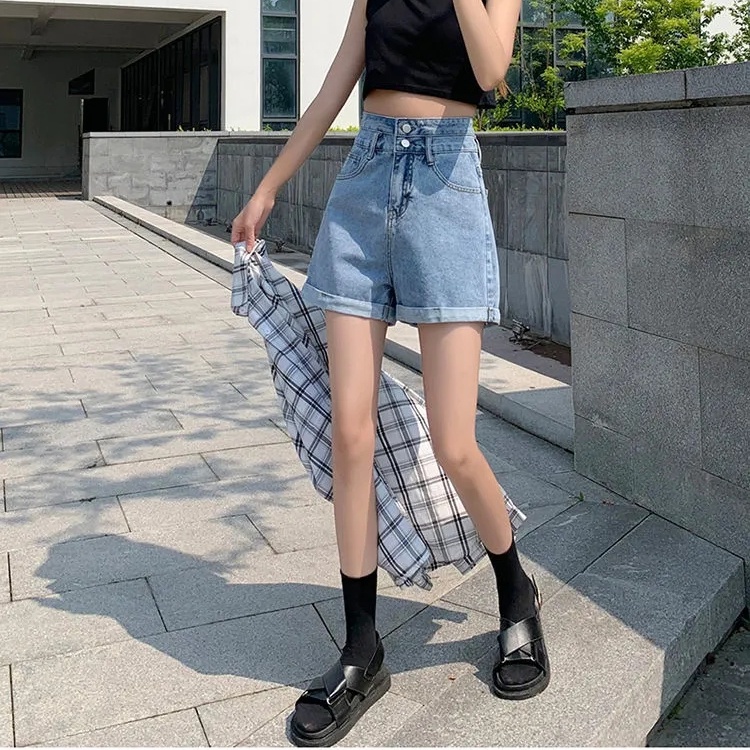 Quần short denim ống rộng lưng cao phong cách cá tính thời trang Hàn Quốc cho nữ
