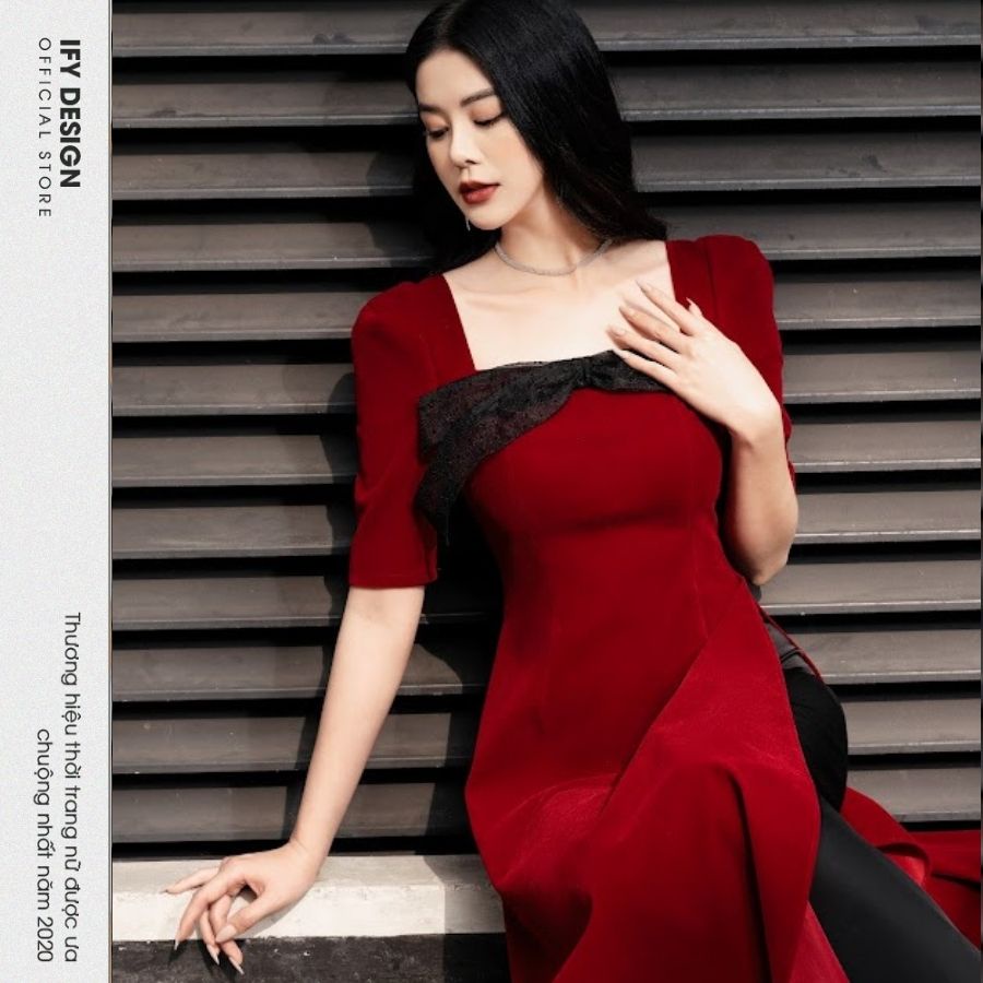 Áo dài cách tân cổ vuông ngắn tay bồng màu đỏ IFY Design FAD03A