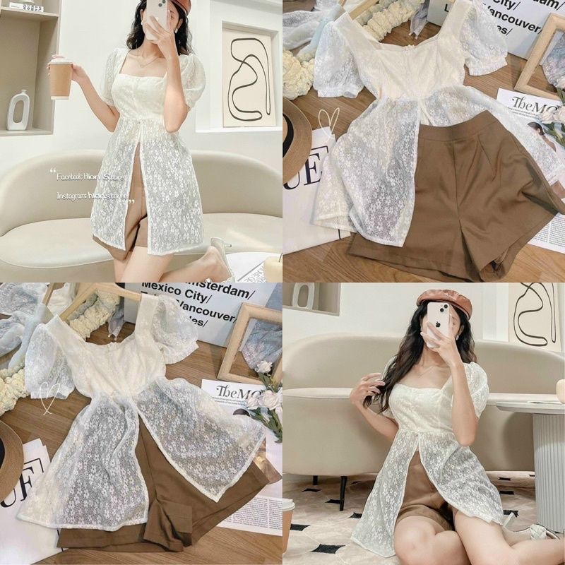 Set áo ren xẻ kèm short