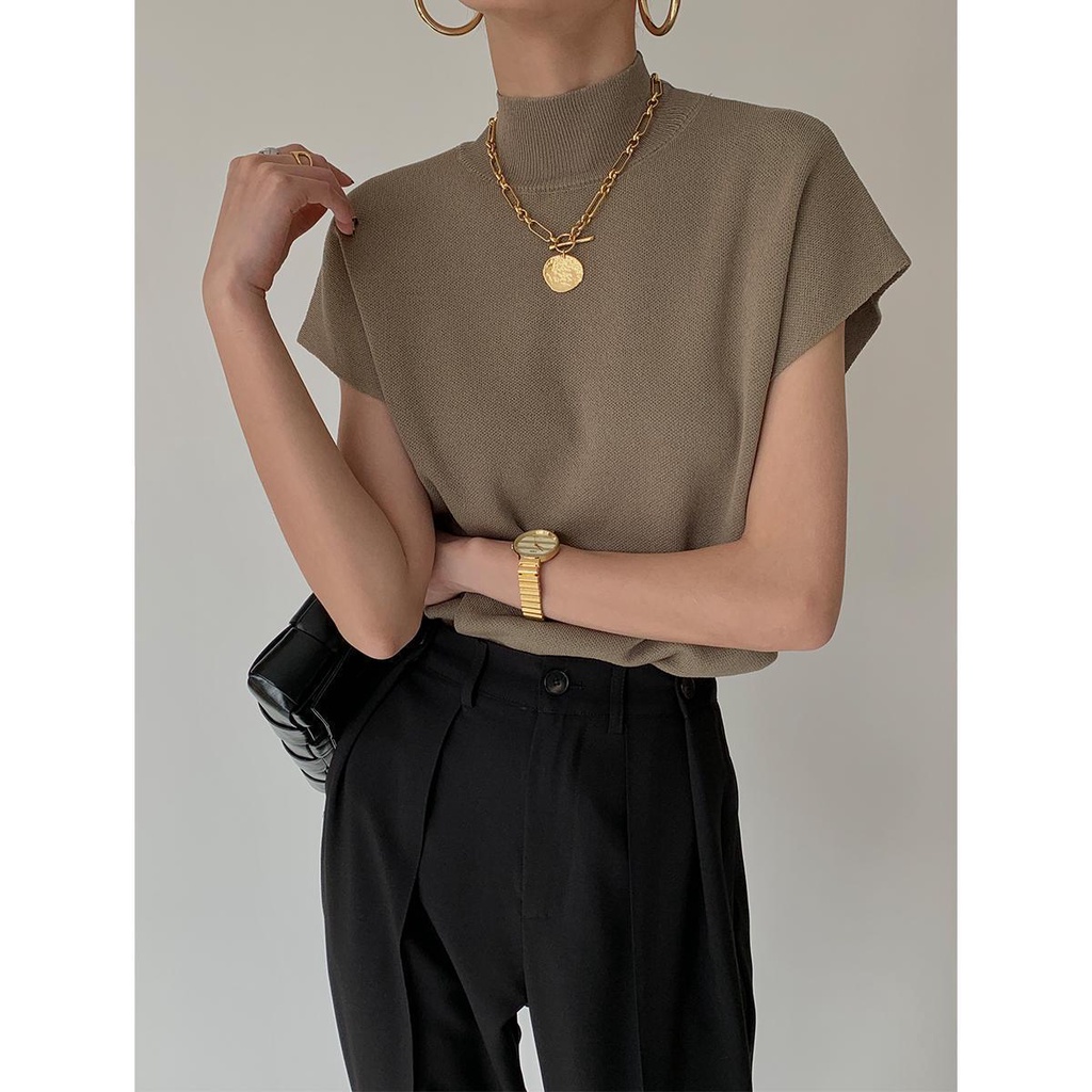 Áo dệt kim cổ cao sát nách thời trang cho nữ