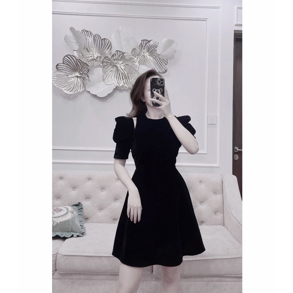 (Ảnh thật) Váy nhung chữ A tay bồng cut out | BigBuy360 - bigbuy360.vn