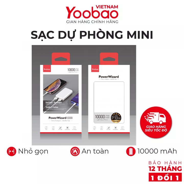 [CHÍNH HÃNG-BH 12 THÁNG] Sạc dự phòng mini 10000mAh Yoobao P10W Sạc nhanh nhiều thiết bị- Nhỏ gọn, tiện lợI