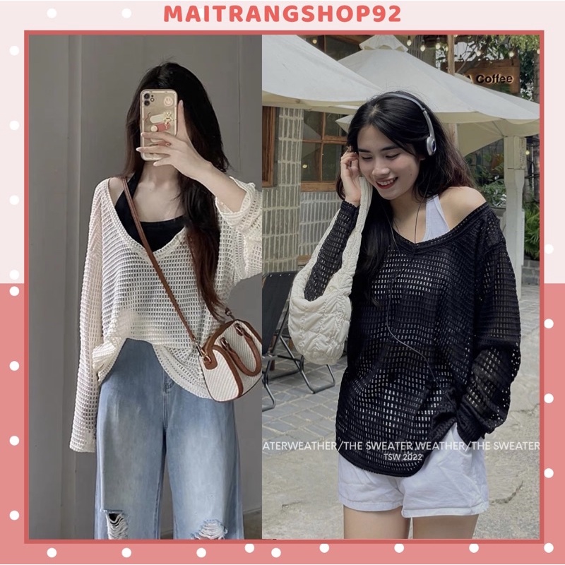 Set áo lưới nữ ulzzang dài tay form rộng cổ V kèm áo yếm cotton Hàn Quốc hàng loại 1 Maitrangshop92