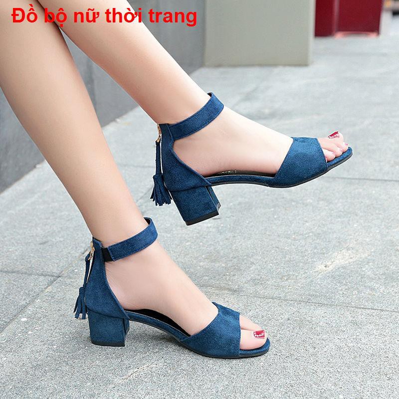 giày gótDép nữ cao gót da lộn khóa trung đế dày từ size 34 đến 40 chuẩn dây kéo sau tua rua1