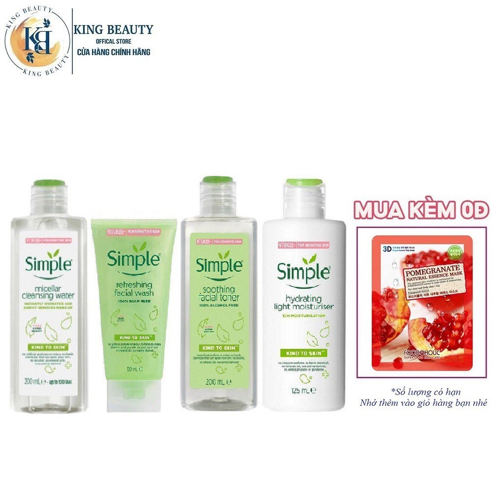 Bộ 4 Sản Phẩm Làm Sạch Sâu, Dưỡng Ẩm, Ngăn Lão Hóa Da SIMPLE(Tẩy trang 200ml+SRM 150ml+TN 200ml+Sữa dưỡng 125ml)