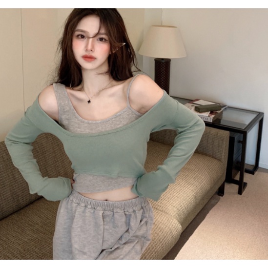 Áo thun croptop nữ dáng ôm thun cotton 2 dây kết hợp với áo len cổ rộng phong cách basic Hàn