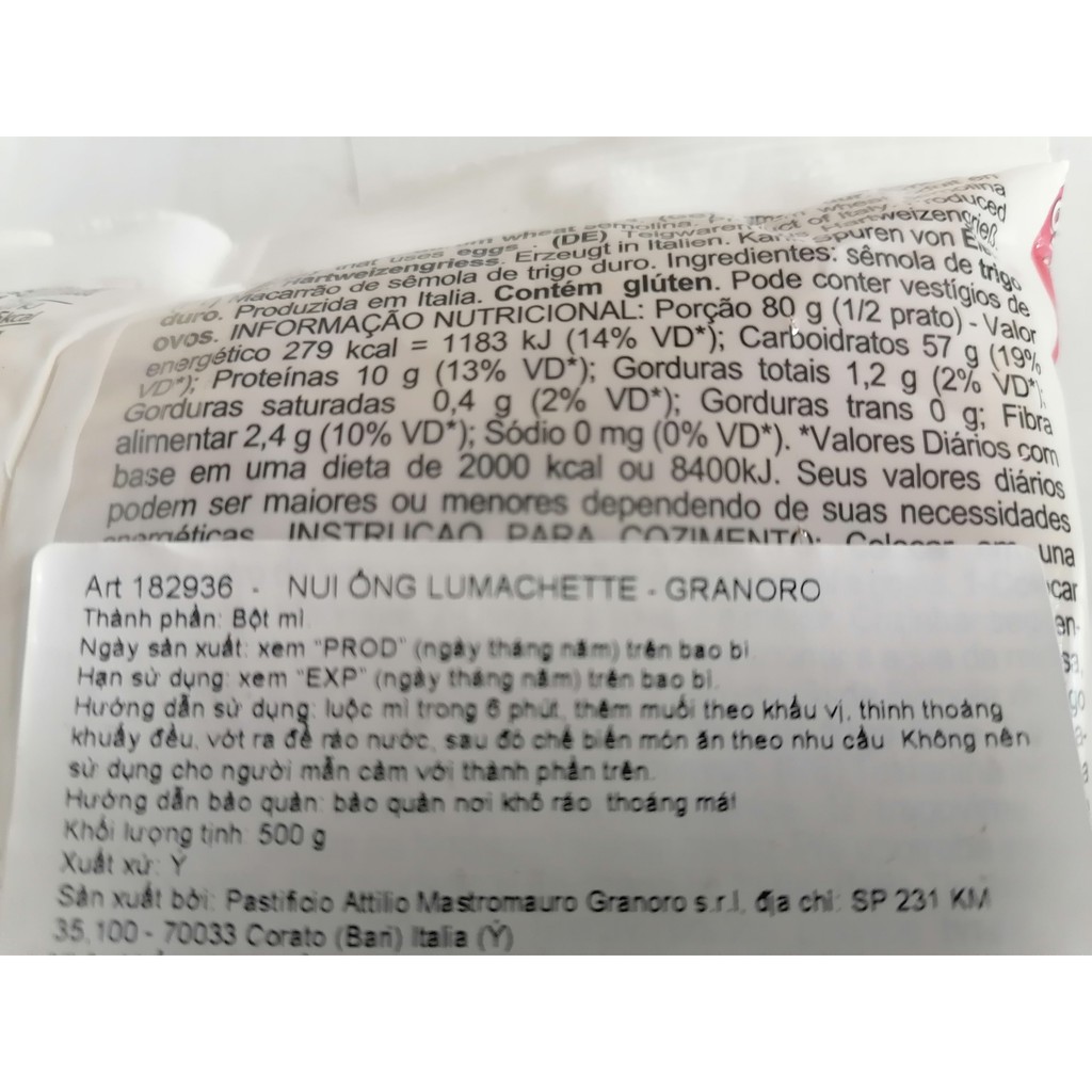 [500g – LUMACHETTE] NUI ỐNG [Italia] GRANORO Durum Wheat Semolina Pasta (bph-hk)
