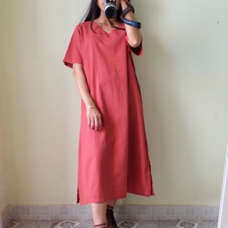 Đầm suông linen đỏ cam
