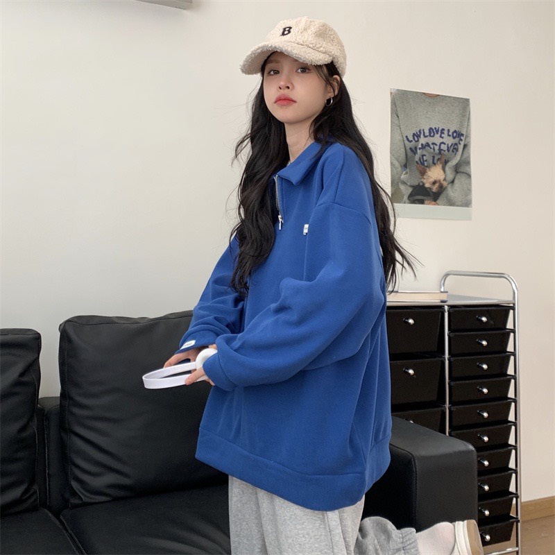 Áo sweater , Áo nỉ kéo khóa cổ màu xanh dương trơn phối họa tiết đơn giản