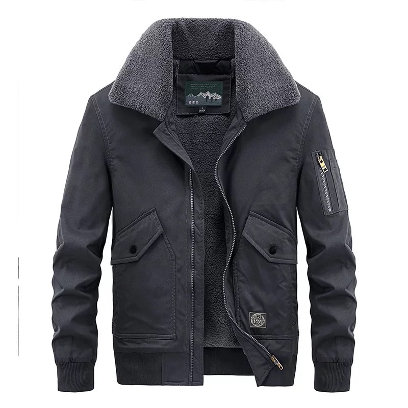 Áo Khoác Parka Bomber Nam Lót Lông Cừu Chất Liệu KaKi Dáng Cổ Bẻ