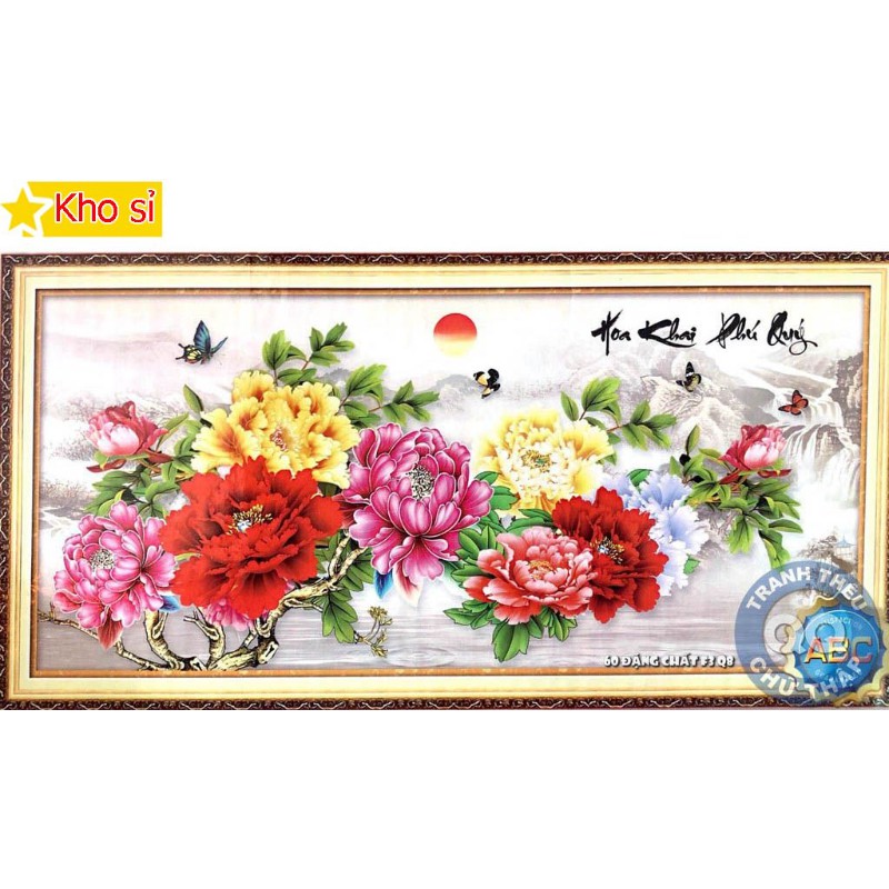 Tranh đính đá khổ lớn Hoa khai phú quý, hoa mẫu đơn Y8206 (120x60cm) [KHO SỈ] Tranh chất lượng cao