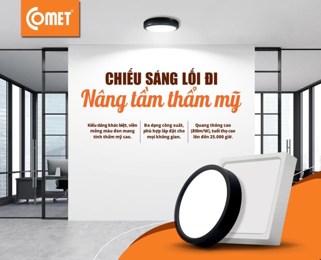 Đèn led ốp trần TRÒN lắp nổi, viền ĐEN, COMET CED121T-DB (nhiều công suất)
