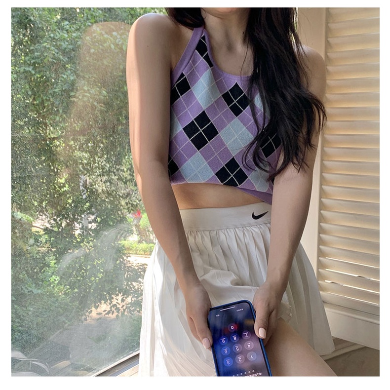 QKOOLE  Áo Dệt Kim Hai Dây Họa Tiết Sọc Caro Phong Cách Hàn Quốc