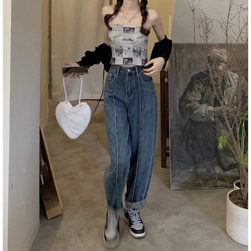 Quần Denim | Quần Denim Jeans Nữ Cạp Cao Dáng Dài Thiết Kế Xắn Gấu Chất Jeans Dày Dặn Hàn Quốc