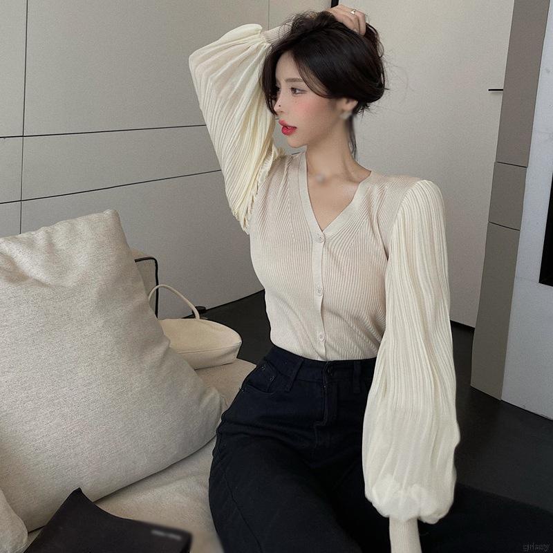Áo sơ mi voan tay dài cổ chữ V phong cách Hàn Quốc retro ngọt ngào cho nữ
