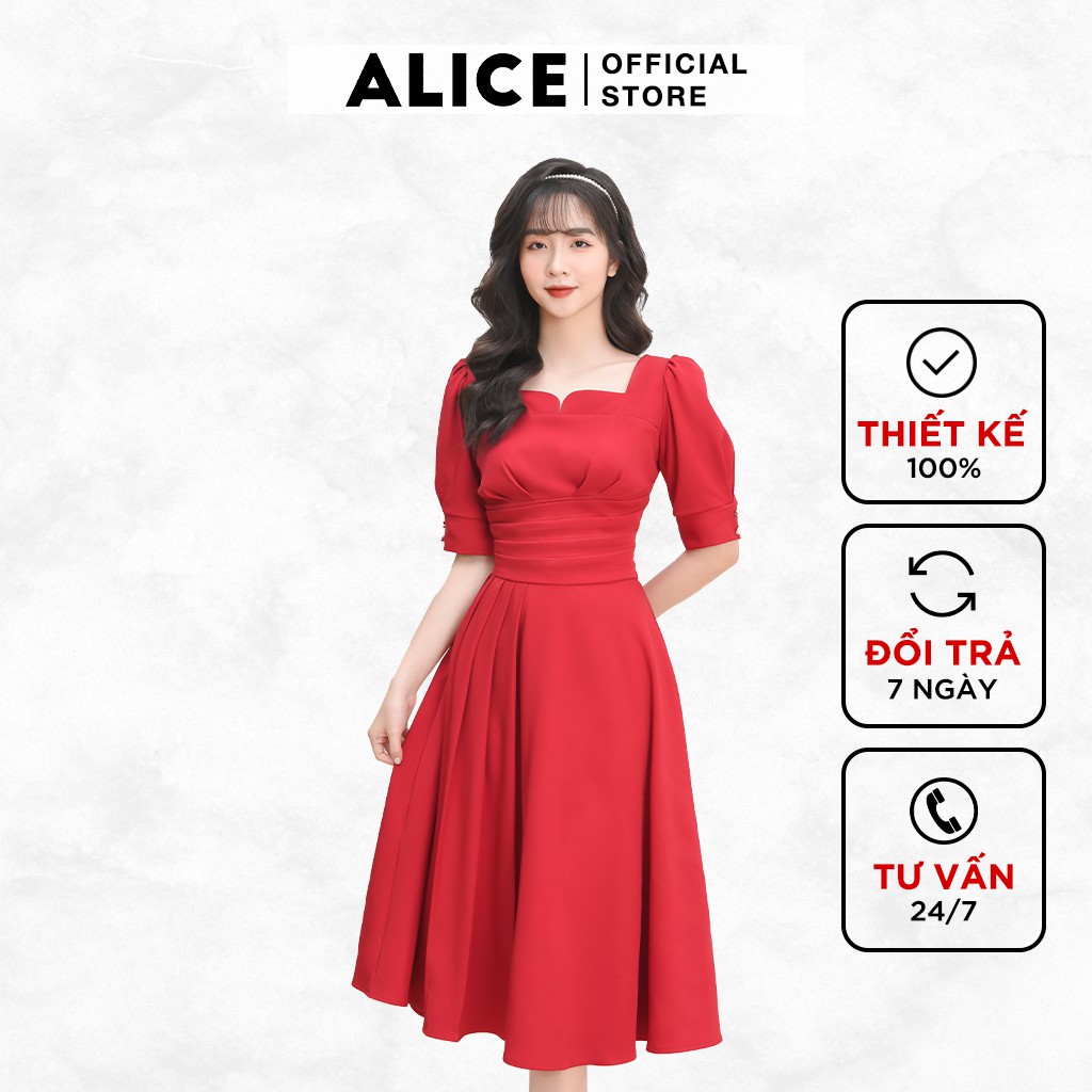 Đầm Thiết Kế Dự Tiệc Sang Trọng ALICE Dáng Dài Xòe Xếp Ly Cổ Vuông Tay Phồng Lỡ Thắt Eo Tôn Dáng V695