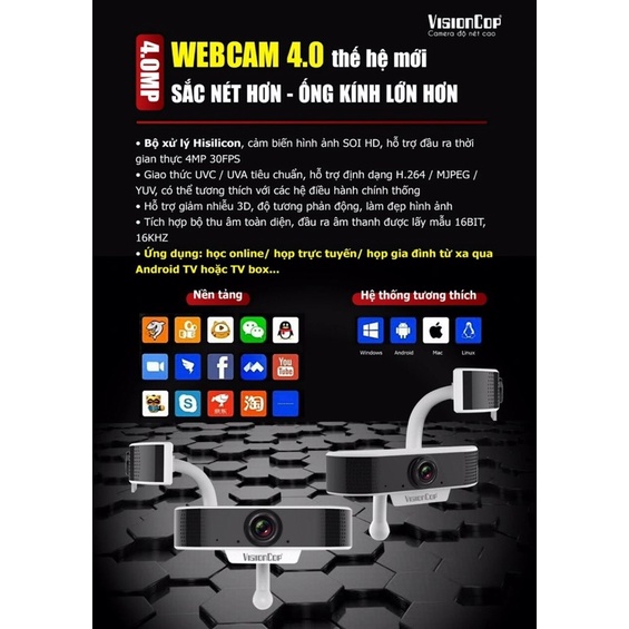 Webcam Visioncop siêu nét 1080P tích hợp micro học online qua máy tính, smart tivi …