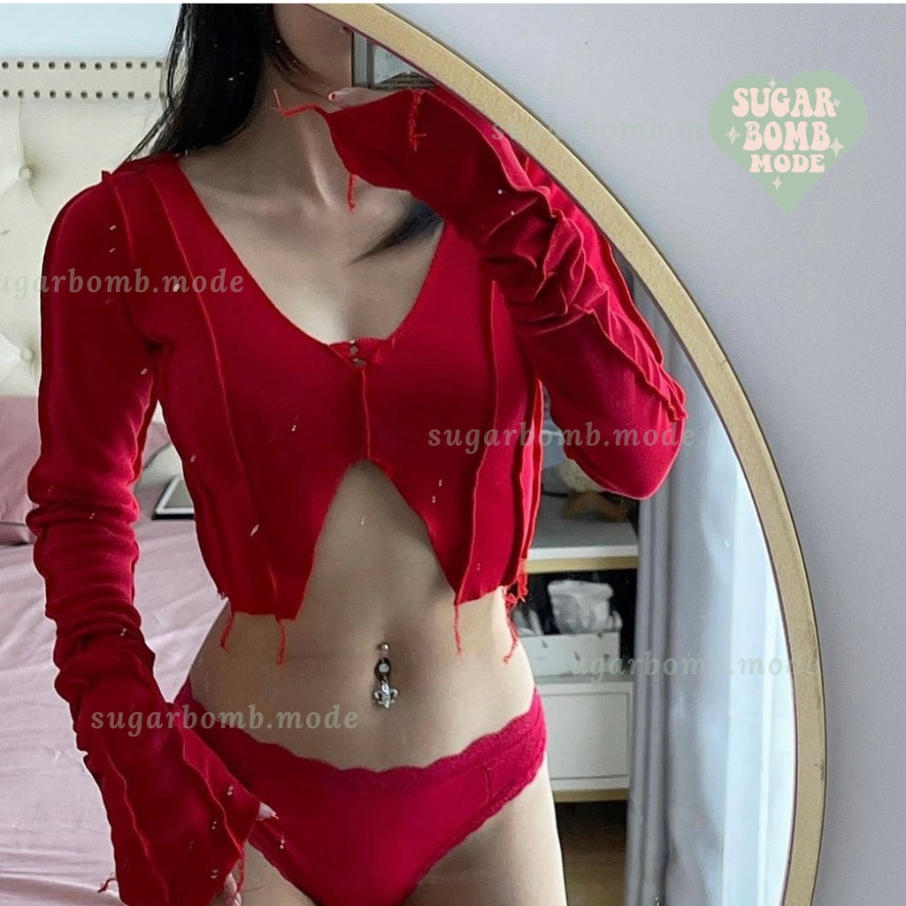 Áo Croptop Đỏ Thiết Kế Tay Dài và áo croptop cột dây sexy đi chơi đi tiệc đáng yêu Phong Cách Sugarbomb.mode