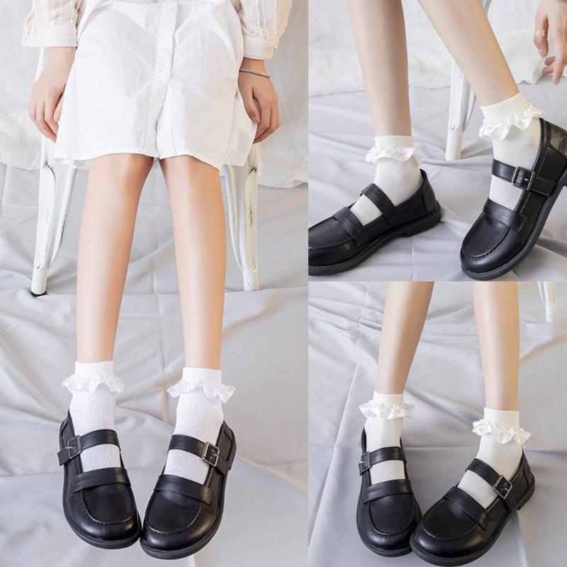 Vớ Cotton Cổ Cao Đến Mắt Cá Chân Phối Bèo Dễ Thương Phong Cách Harajuku Cho Nữ