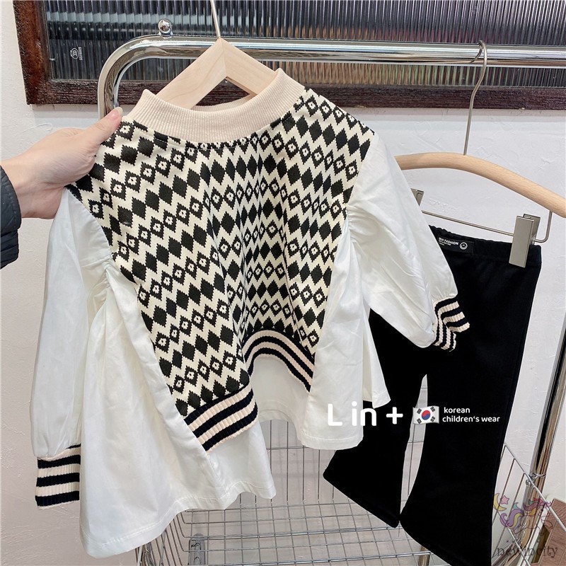 Bộ Áo Sơ Mi Dài Tay + Quần Dài Ống Loe Phong Cách Hàn Quốc Thời Trang Mùa Thu Cho Bé Gái