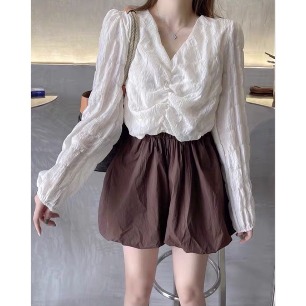 Áo sơ mi kiểu nữ cổ V nhún ngực siêu mềm mịn hottrend đẹp Hàn Quốc ( có set) LICA - S03