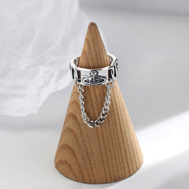 Distressed Vintage Trendy Globe Design Rings With Chain Open End Adjustable Size Fashion Jewelry