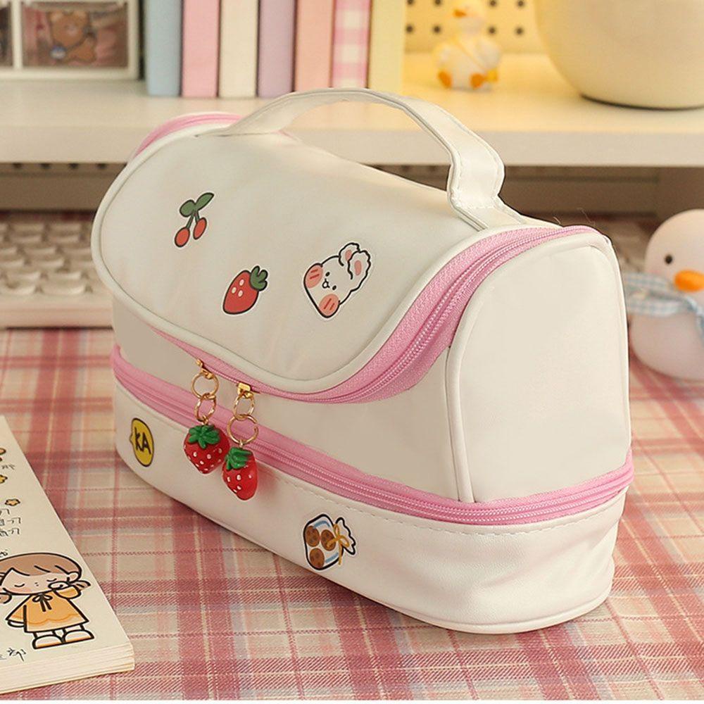 UUMIR Túi đựng bút da PU sức chứa lớn hai ngăn họa tiết dễ thương di động dành cho trường học văn phòng