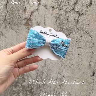 Kẹp nơ xanh bọc ren size 9cm * 4cm cho bé gái