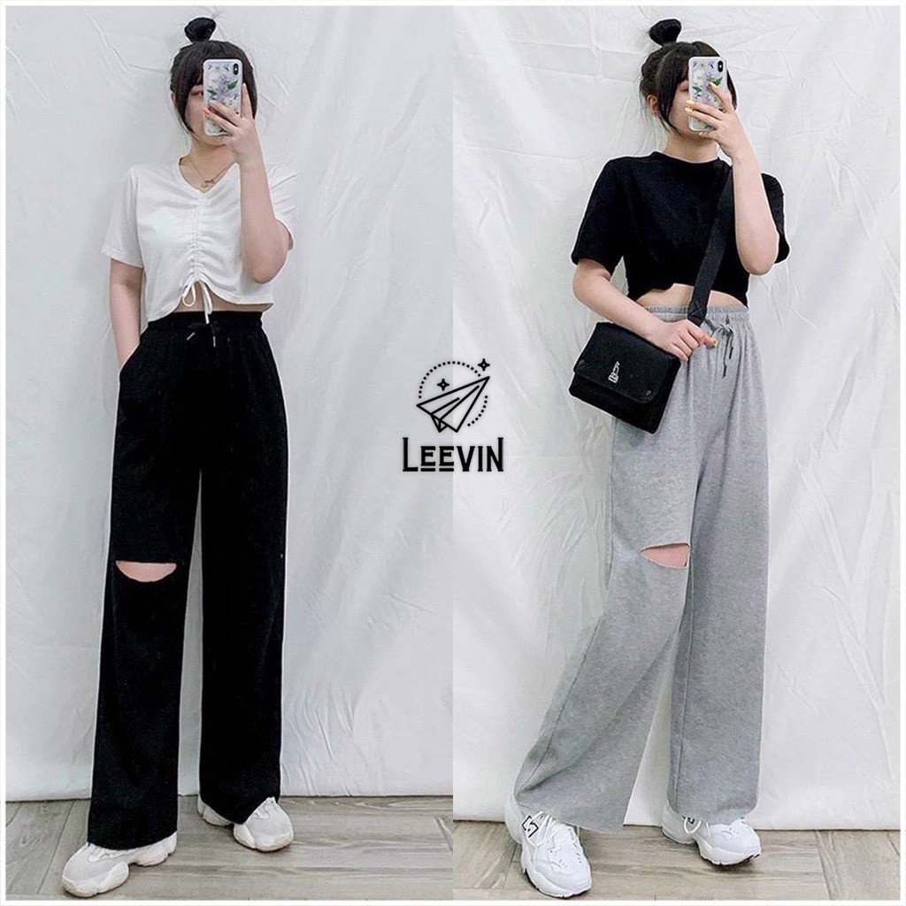 Quần Ống Rộng Nữ Thun Cạp Cao IRU Unisex Ulzzang Màu Đen và Xám Phối Kiểu Rách Gối Leevin Store