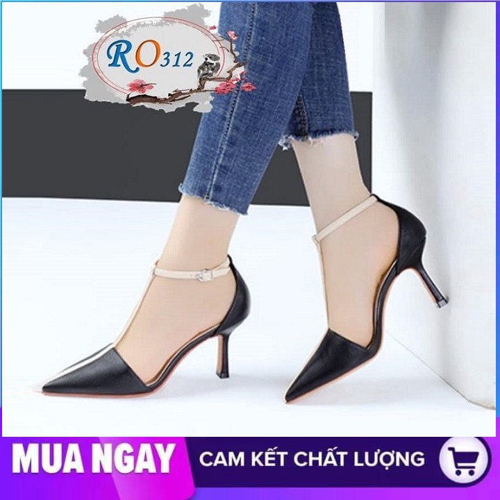 Giày cao gót nữ đẹp đế nhọn 7cm hai màu đen da hàng hiệu rosata ro312