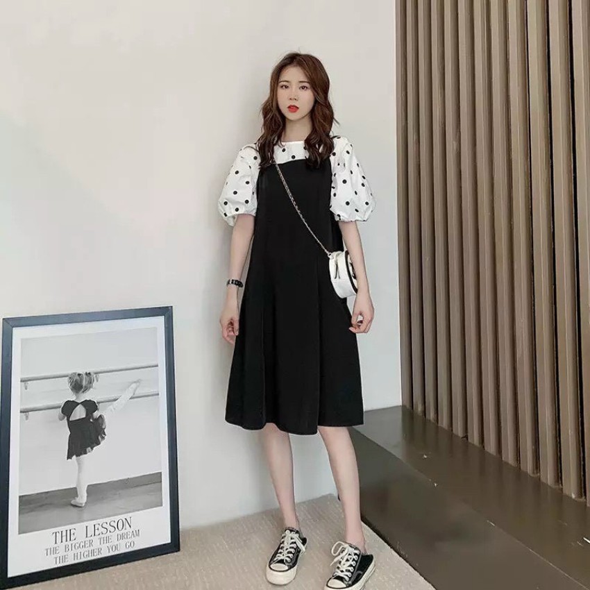 Đầm bầu-váy bầu chất cát hàn siêu mát không nhăn vai chấm bi cách điệu Q0003
