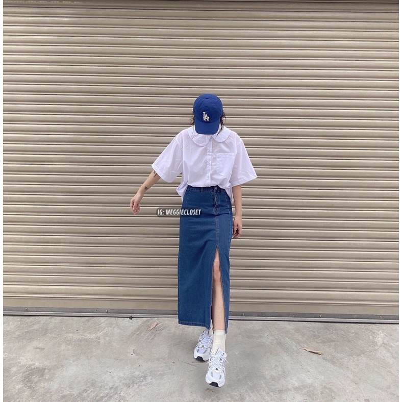 Chân váy jean xanh đậm nút 1 bên