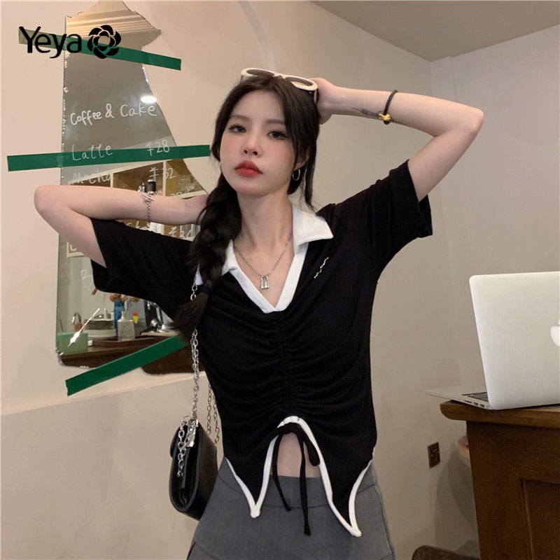Áo thun polo Yeya phối dây rút cá tính cho nữ