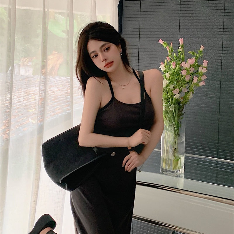 COZOKC COZOK Đầm COZOK không tay cổ yếm ôm dáng thời trang retro xinh xắn đáng yêu