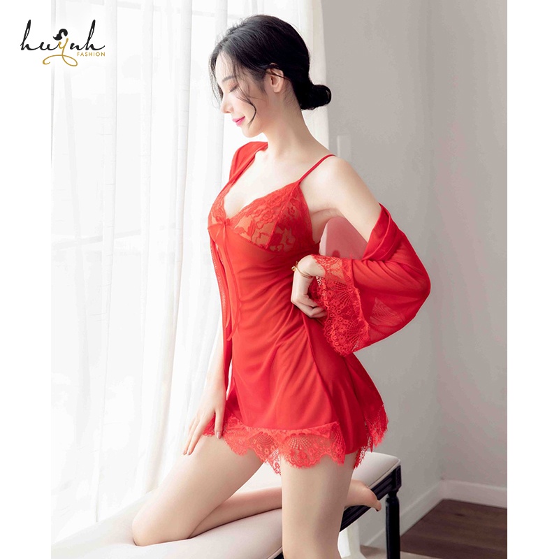 Váy Ngủ Kèm Áo Choàng Phối Ren Xuyên Thấu Gợi Cảm - N14