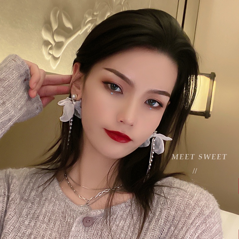 Bông Tai Bạc 925 Đính Ngọc Trai Tua Rua Phong Cách Hàn Quốc Thời Trang