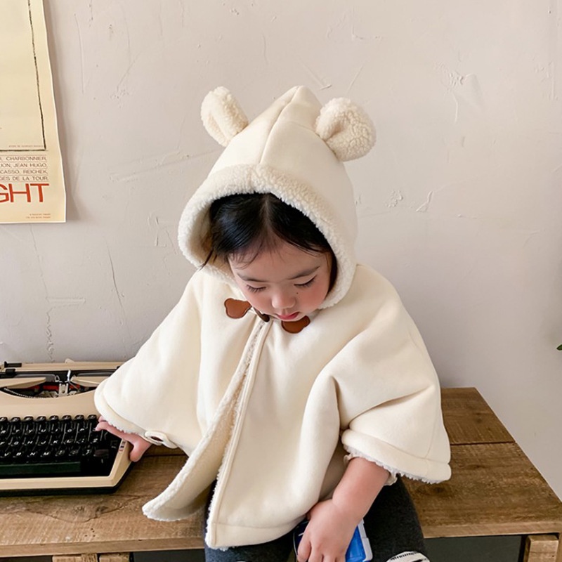 Áo choàng trẻ em lót lông cừu có mũ hình gấu dễ thương