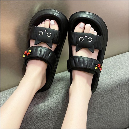 Dép sandal nữ, dép quai hậu nữ độn đế gắn sticker mặt mèo dễ thương