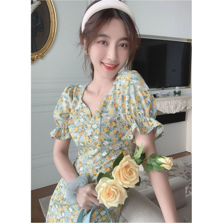 [SALE CHÀO  HÈ] Váy voan hoa nhí xanh cổ chữ V kiểu Pháp xinh nhẹ nhàng | BigBuy360 - bigbuy360.vn