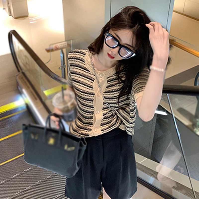 Áo Cardigan Dệt Kim Tay Ngắn Cổ Tròn Dáng Ôm Thời Trang Cho Nữ
