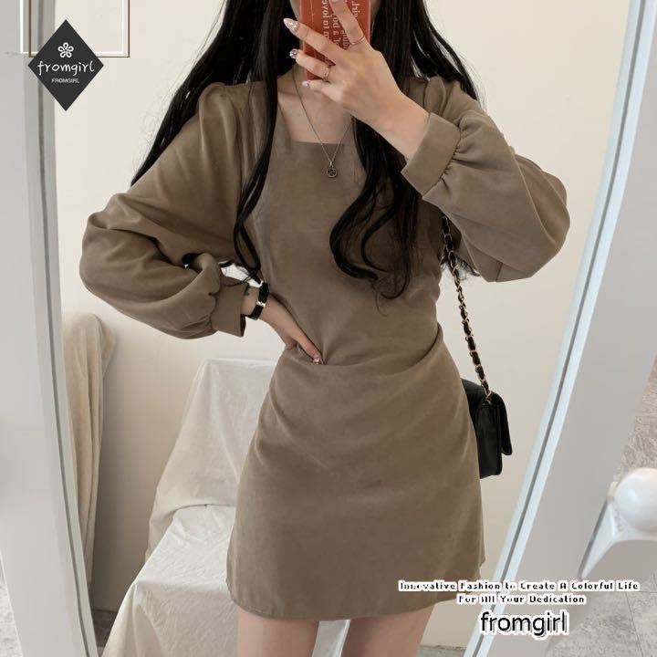 Đầm Cổ Vuông Nhấn Eo Cao Tôn Dáng Thời Trang Phong Cách Hàn Quốc Cổ Điển