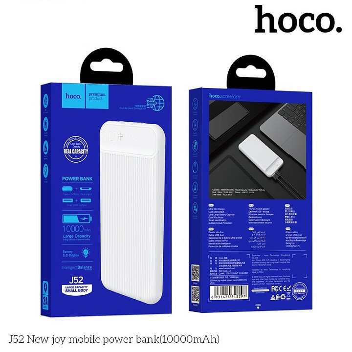 Sạc dự phòng, cục pin dự phòng chính hãng 10000 mah HOCO J52 hỗ trợ sạc nhanh 2.1A, thiết kế mỏng, nhỏ gọn, tính di động