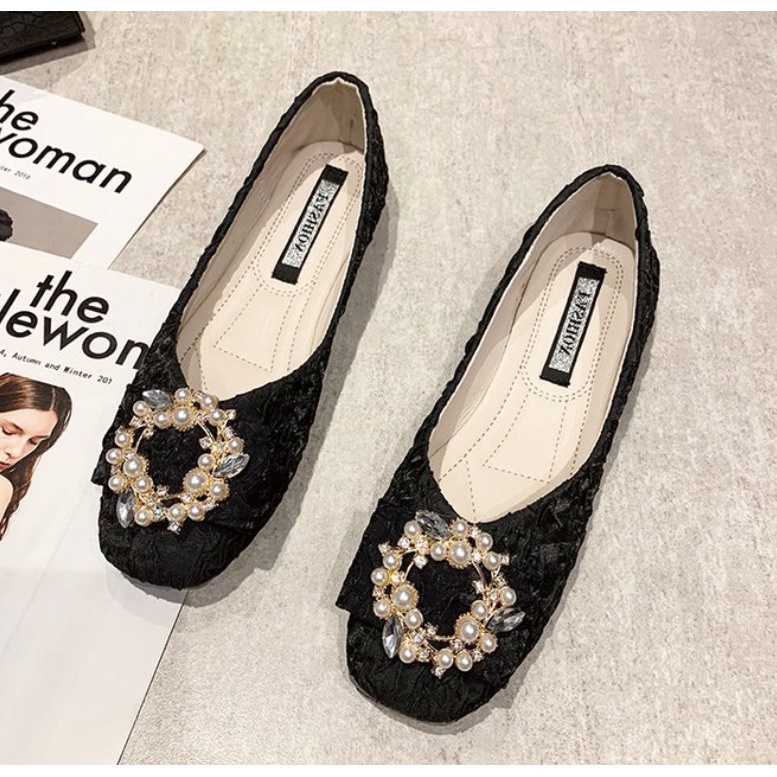 Mã 810 Giầy búp bê nữ da nhăn tag đá ngọc