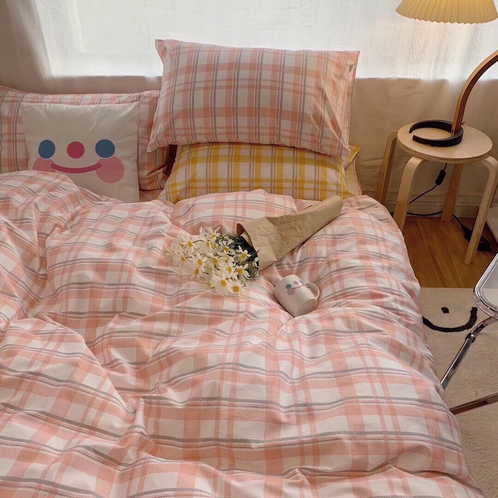 Bộ chăn ga gối Cotton Poly M2T bedding kẻ hồng ga hồng, vỏ chăn mền, drap giường và 2 vỏ gối