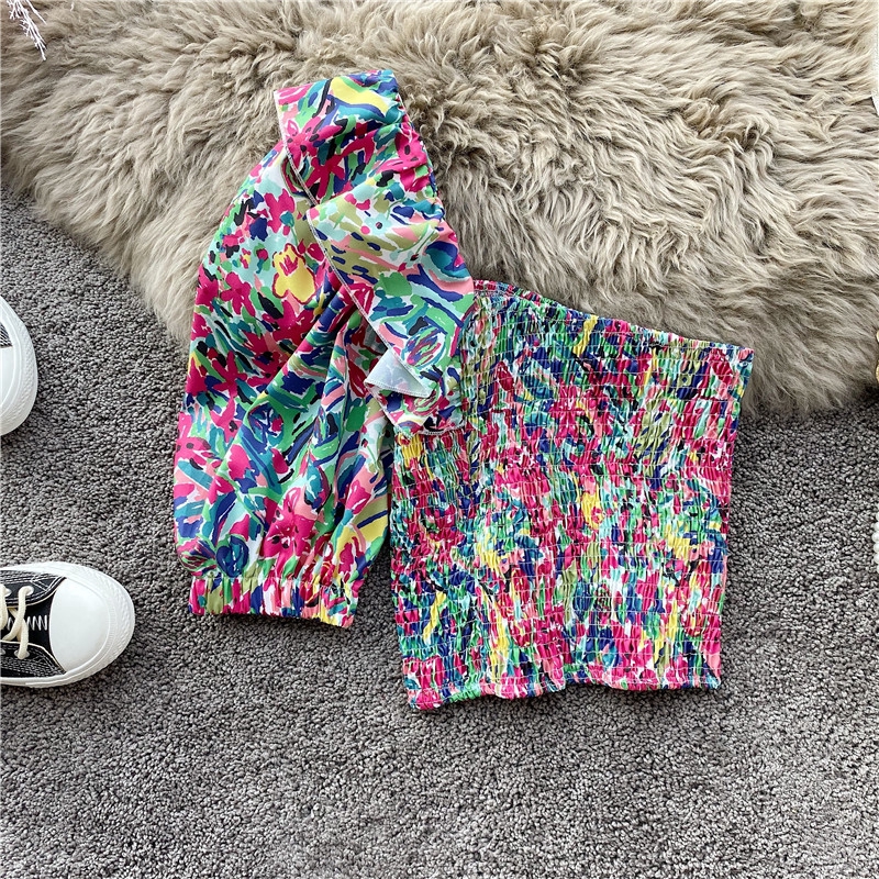 IELGY Áo chiffon Tay Phồng Trễ Vai Phối Bèo In Họa Tiết Trái Tim Gợi Cảm